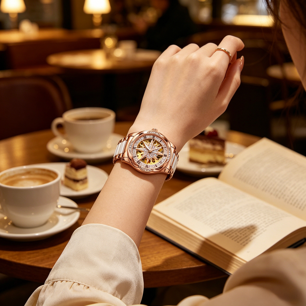 SENORS Women's Rose Gold Skeleton Mechanical Watch with Star Dial & Diamond Accents