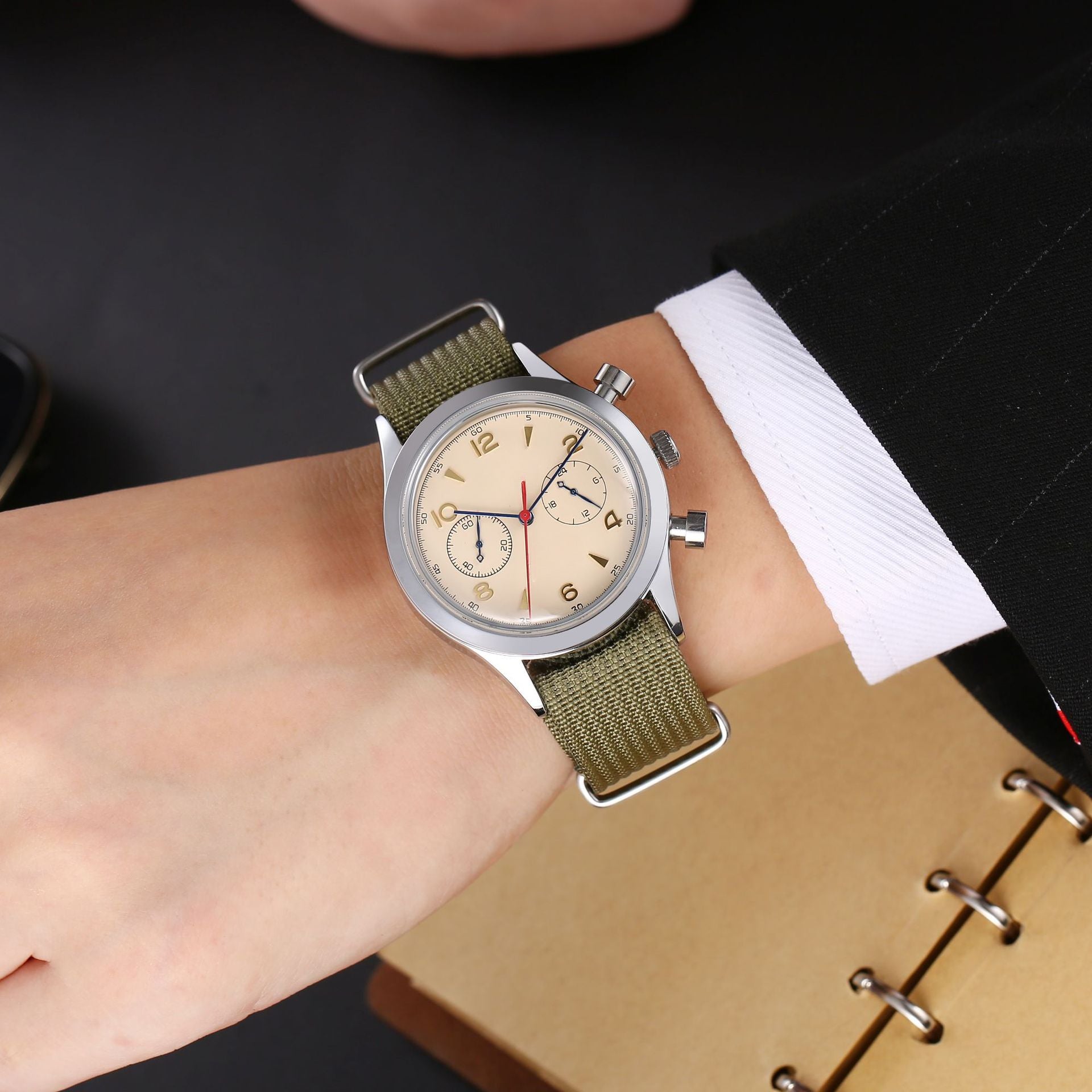 Vintage Military Chronograph Watch for Men, Cream Dial with Olive Green Nylon Strap, Stainless Steel Case