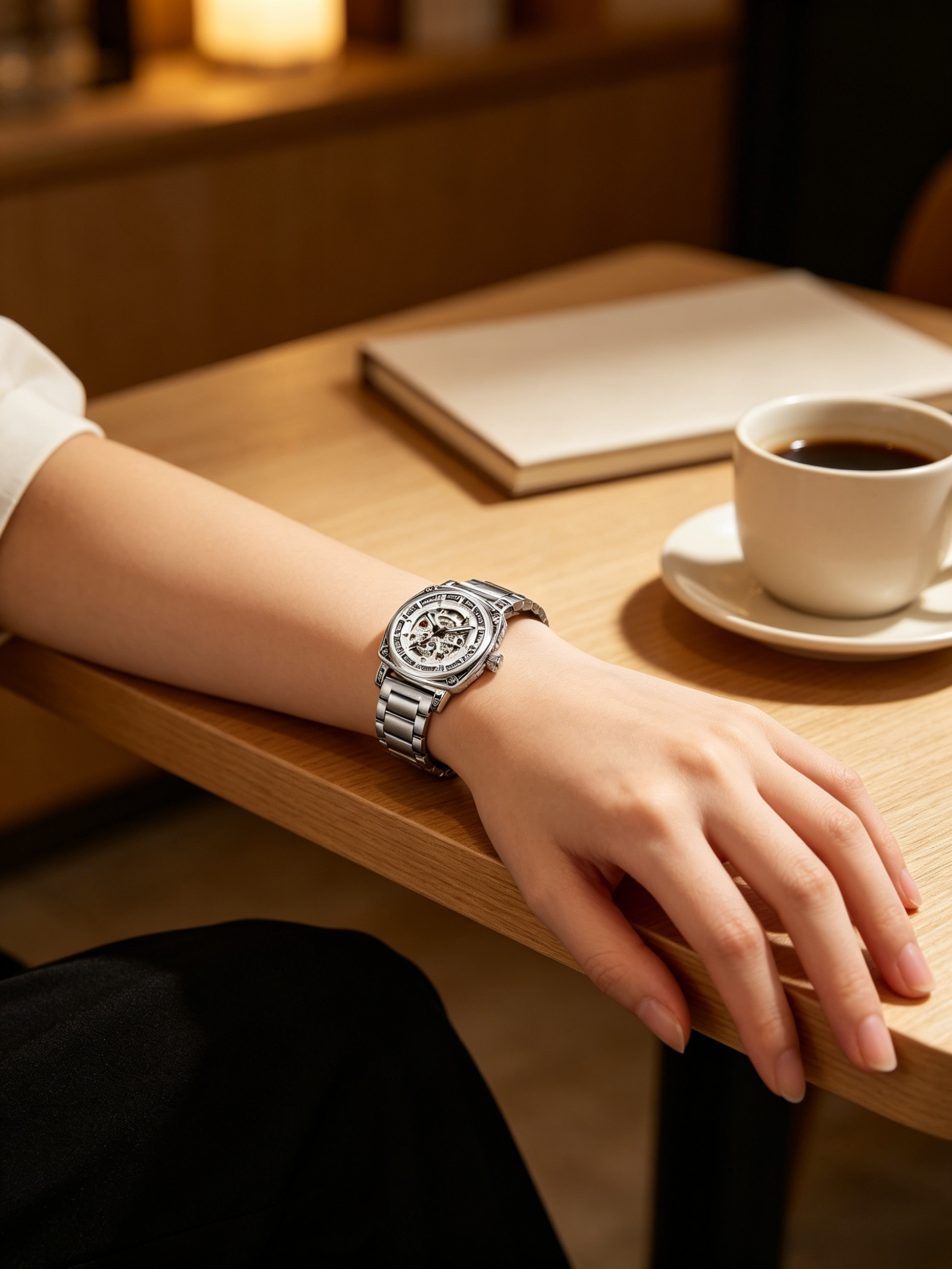 Skeleton Mechanical Watch for Women Silver Stainless Steel Roman Numerals Diamond Accent