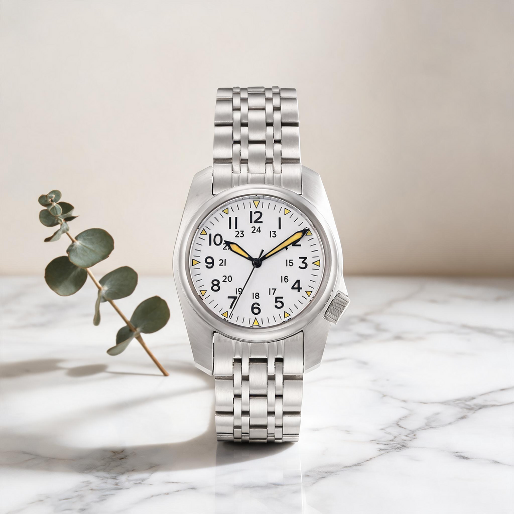 Men's Military Style Pilot Watch, Automatic Mechanical Movement, White Dial with Yellow Luminous Hands, Stainless Steel Case & Bracelet, Casual Dress Watch