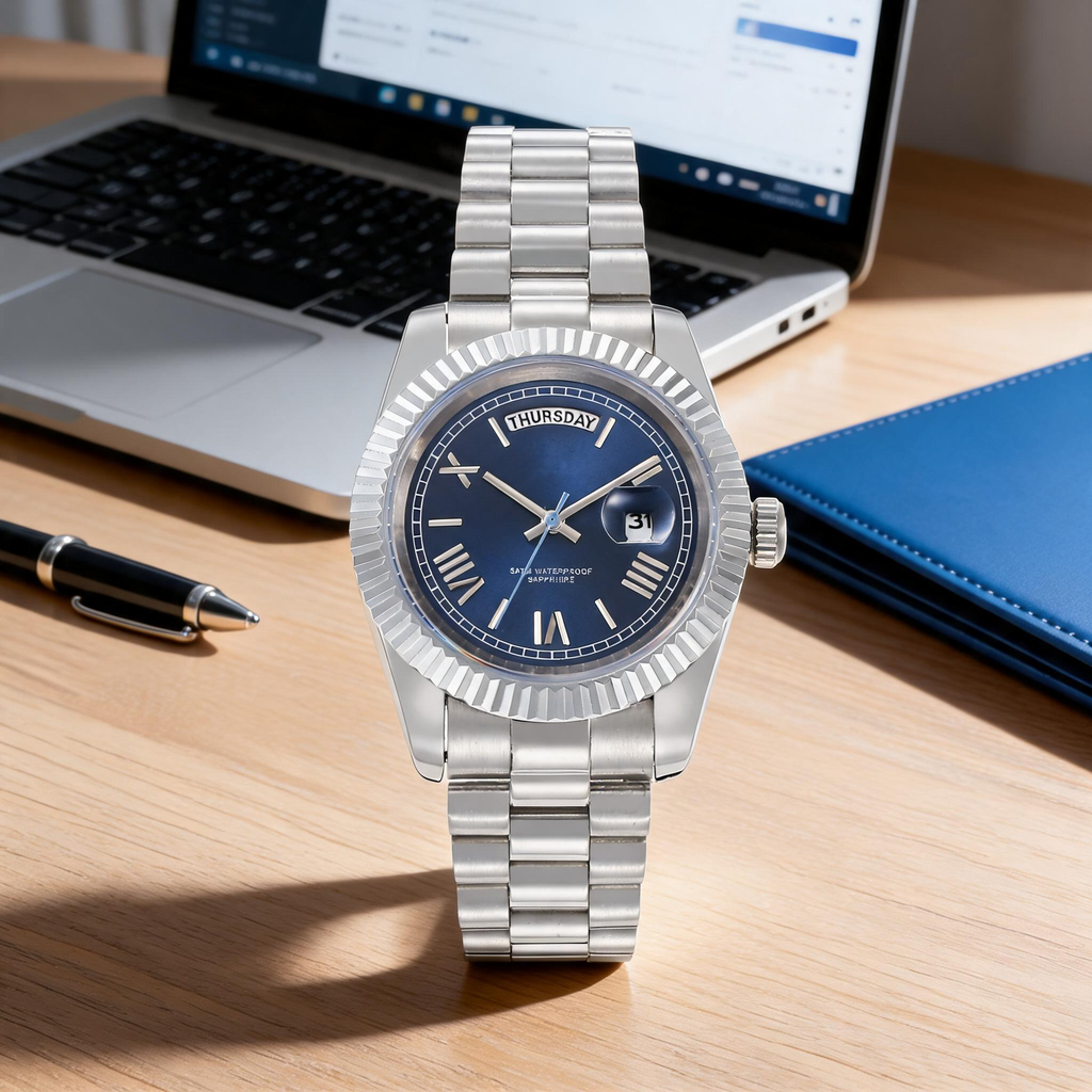 Silver Tone Oyster Perpetual Inspired Watch, Blue Roman Dial, Day & Date Window, Sapphire Crystal Mechanical Watch for Men