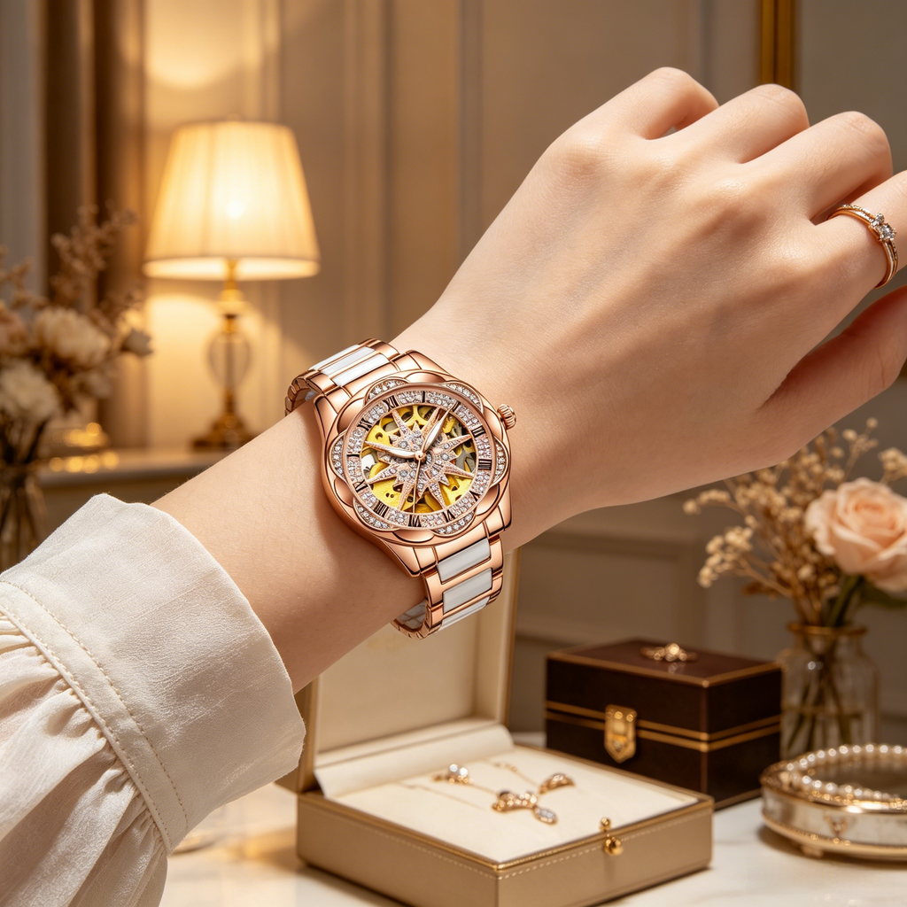 SENORS Women's Rose Gold Skeleton Mechanical Watch with Star Dial & Diamond Accents