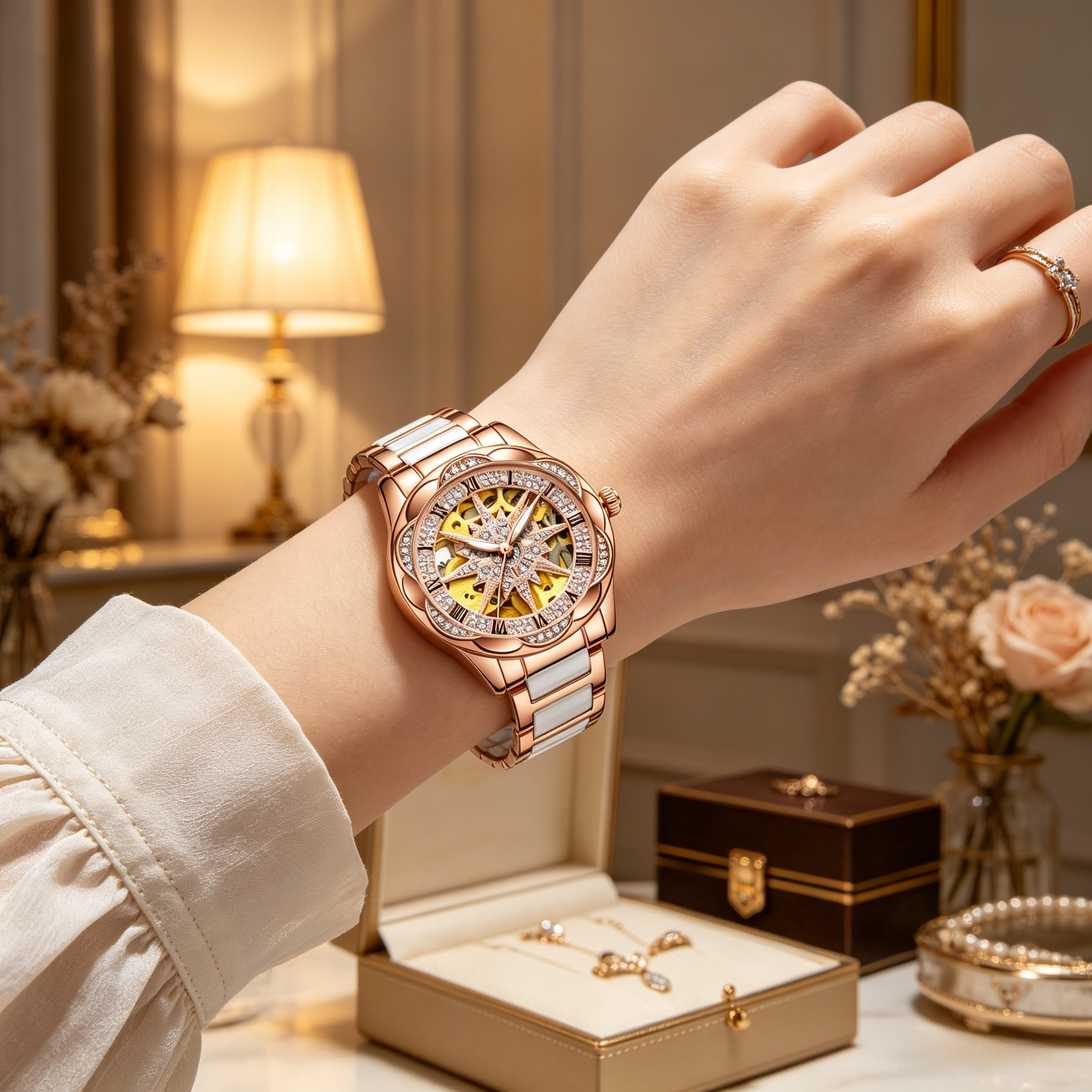 SENORS Women's Rose Gold Skeleton Mechanical Watch with Star Dial & Diamond Accents