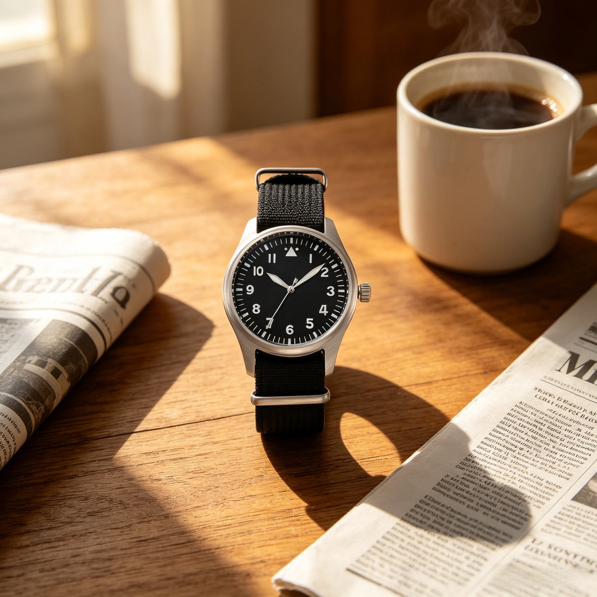 Men's Classic Pilot Aviator Watch Black Dial White Markers Stainless Steel Case NATO Nylon Strap