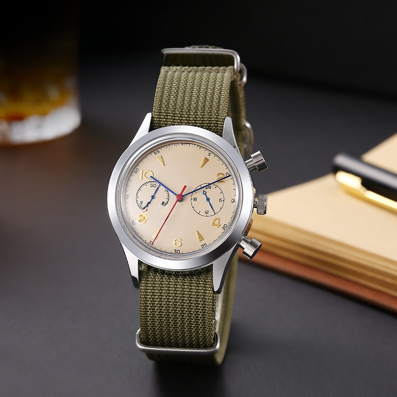 Vintage Military Chronograph Watch for Men, Cream Dial with Olive Green Nylon Strap, Stainless Steel Case