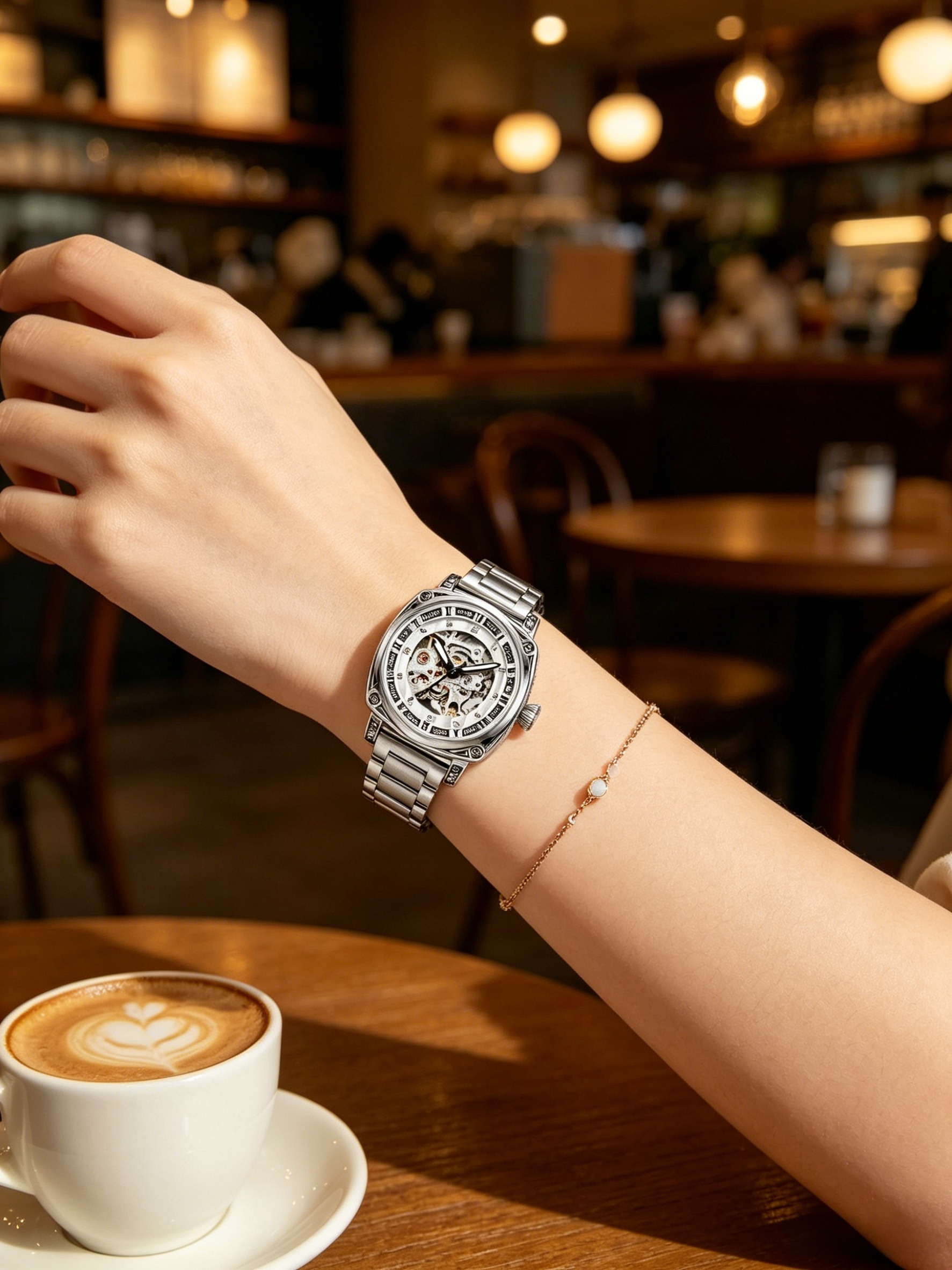 Skeleton Mechanical Watch for Women Silver Stainless Steel Roman Numerals Diamond Accent