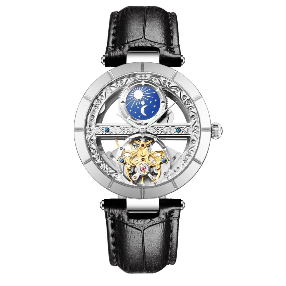 SENORS Women's Luxury Skeleton Automatic Mechanical Watch with Moon Phase & Diamond Bracelet