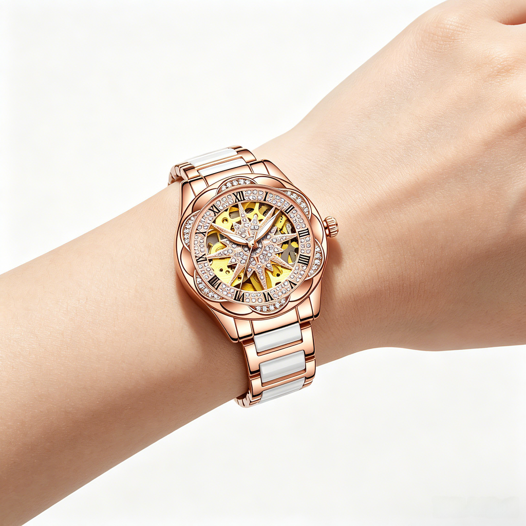 SENORS Women's Rose Gold Skeleton Mechanical Watch with Star Dial & Diamond Accents