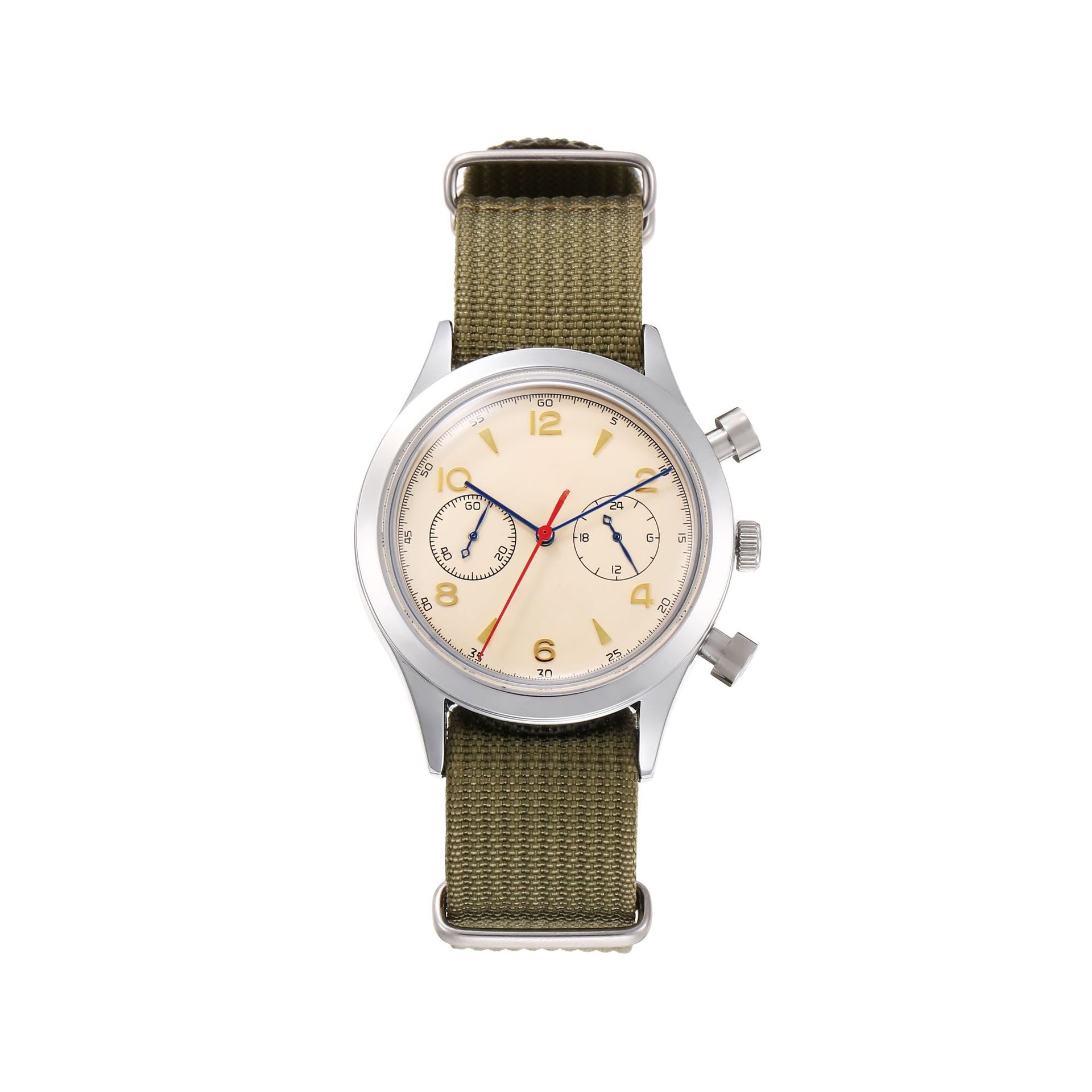 Vintage Military Chronograph Watch for Men, Cream Dial with Olive Green Nylon Strap, Stainless Steel Case