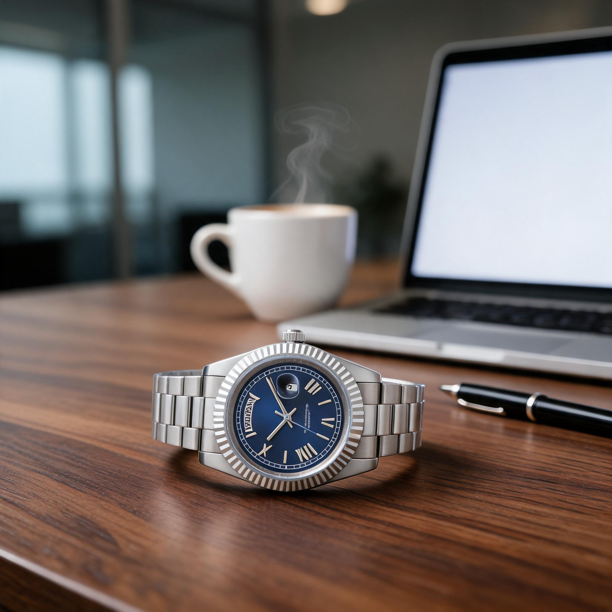Silver Tone Oyster Perpetual Inspired Watch, Blue Roman Dial, Day & Date Window, Sapphire Crystal Mechanical Watch for Men