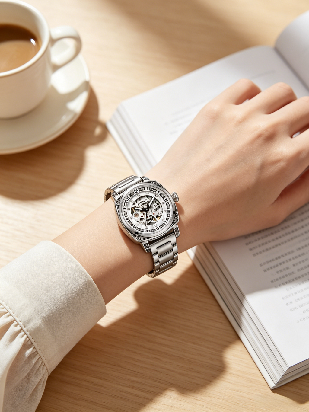 Skeleton Mechanical Watch for Women Silver Stainless Steel Roman Numerals Diamond Accent