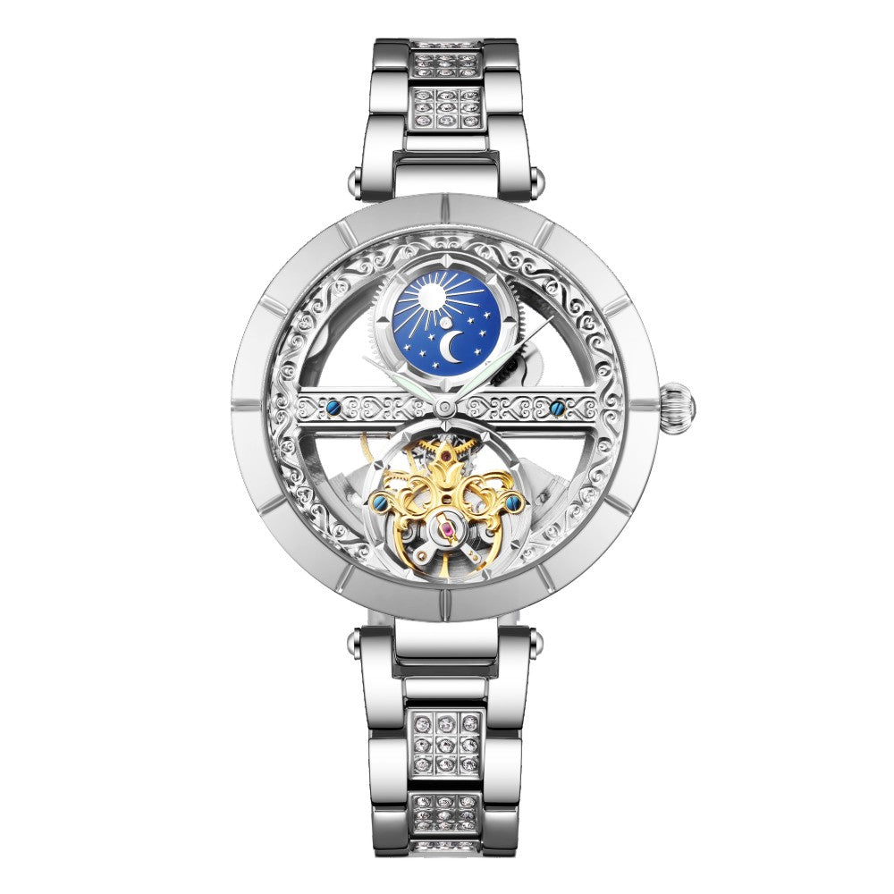 SENORS Women's Luxury Skeleton Automatic Mechanical Watch with Moon Phase & Diamond Bracelet