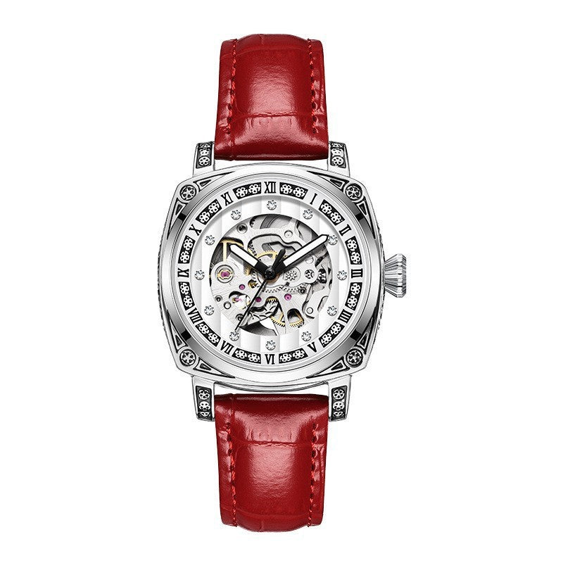 Skeleton Mechanical Watch for Women Silver Stainless Steel Roman Numerals Diamond Accent