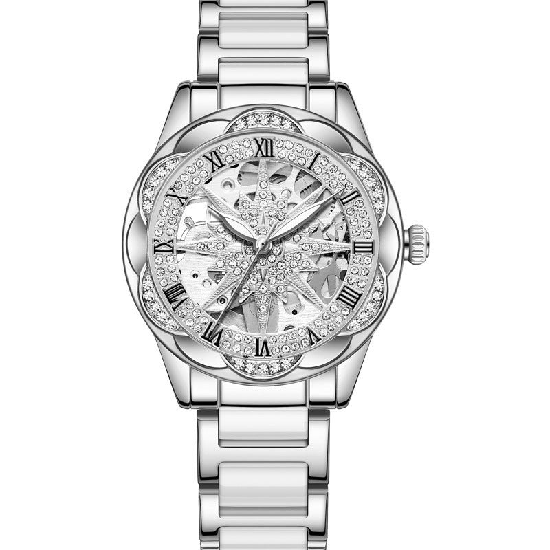 SENORS Women's Rose Gold Skeleton Mechanical Watch with Star Dial & Diamond Accents
