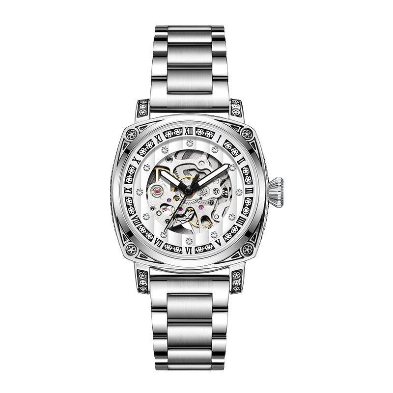 Skeleton Mechanical Watch for Women Silver Stainless Steel Roman Numerals Diamond Accent