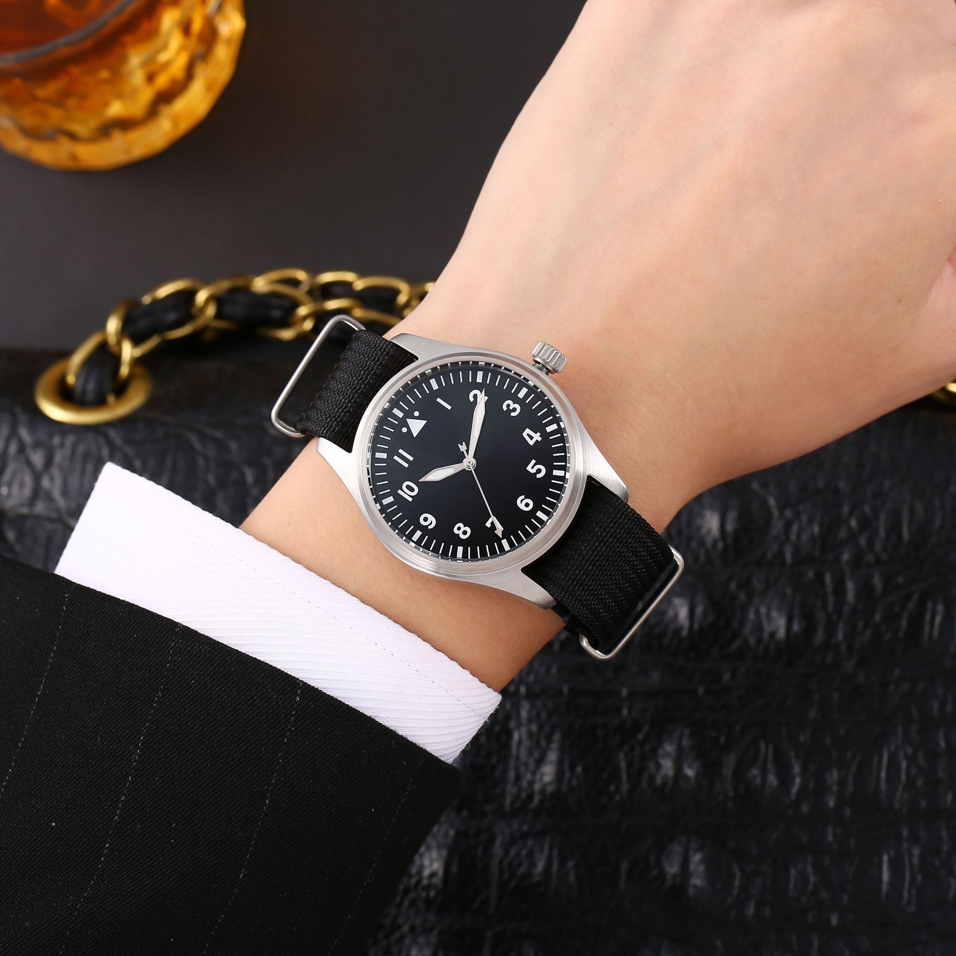 Men's Classic Pilot Aviator Watch Black Dial White Markers Stainless Steel Case NATO Nylon Strap