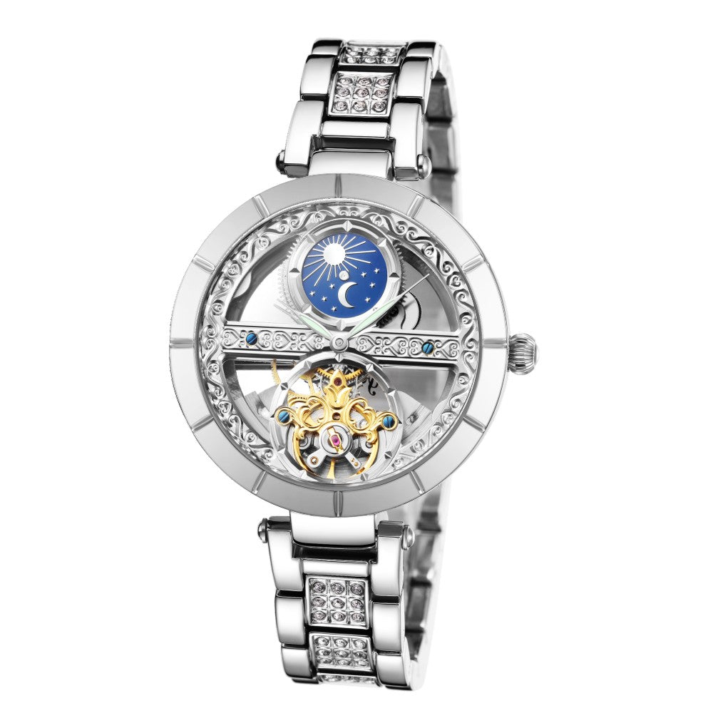 SENORS Women's Luxury Skeleton Automatic Mechanical Watch with Moon Phase & Diamond Bracelet