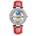 SENORS Women's Skeleton Automatic Mechanical Watch with Moon Phase & Diamond Bezel