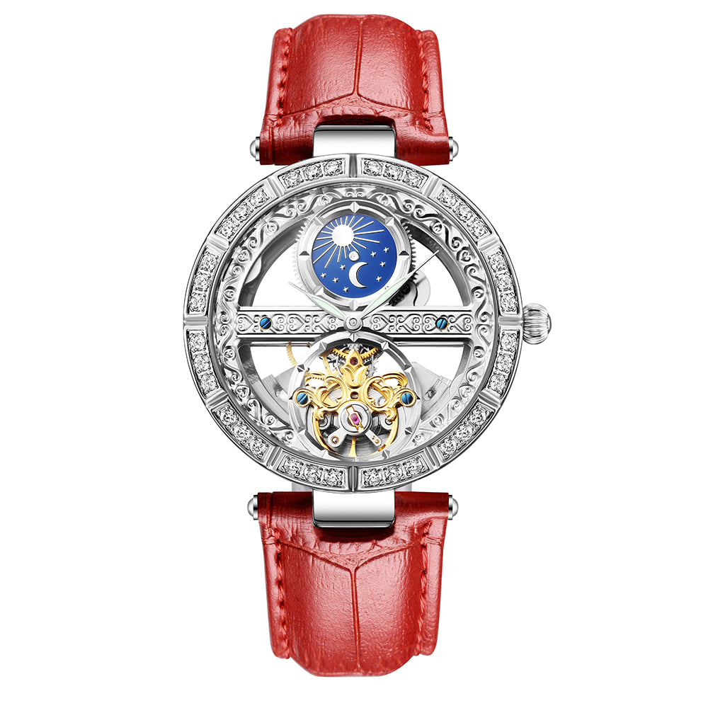 SENORS Women's Skeleton Automatic Mechanical Watch with Moon Phase & Diamond Bezel