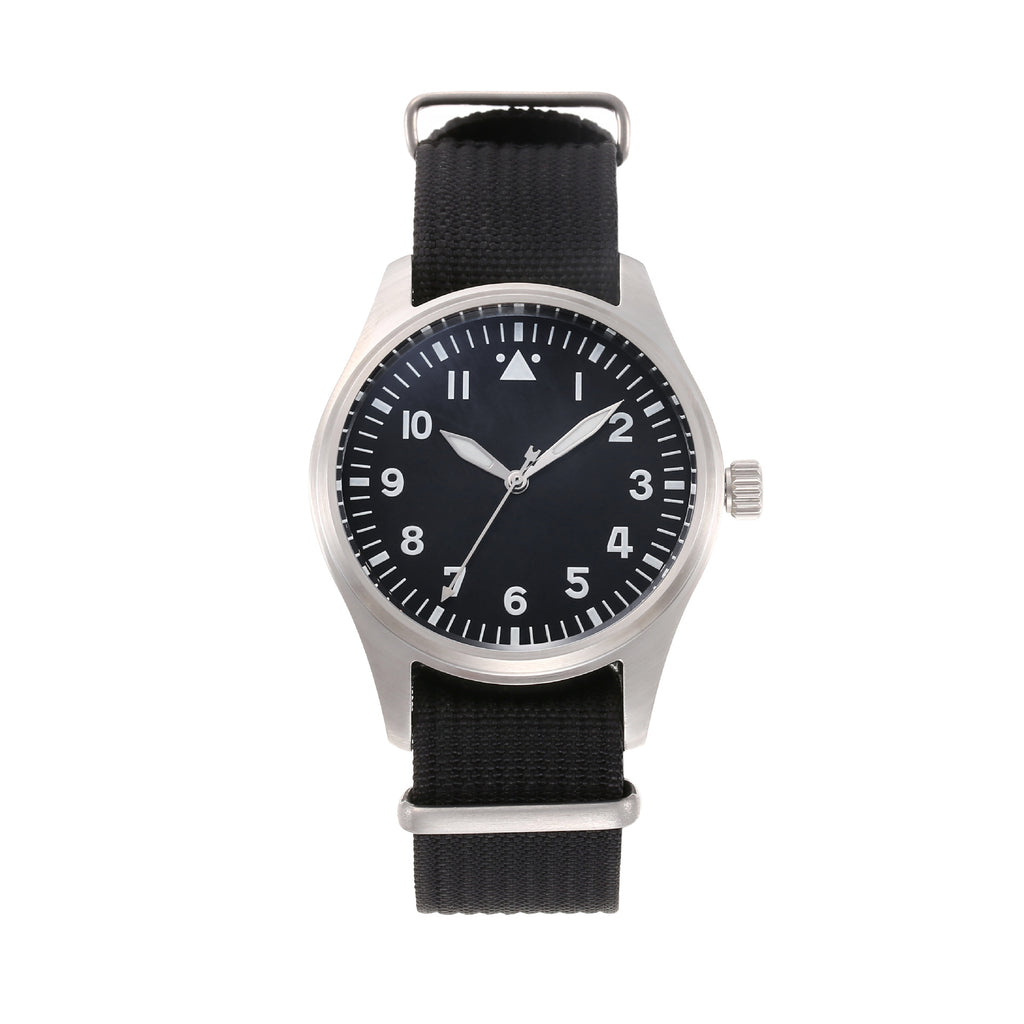 Men's Classic Pilot Aviator Watch Black Dial White Markers Stainless Steel Case NATO Nylon Strap