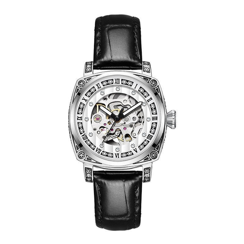 Skeleton Mechanical Watch for Women Silver Stainless Steel Roman Numerals Diamond Accent