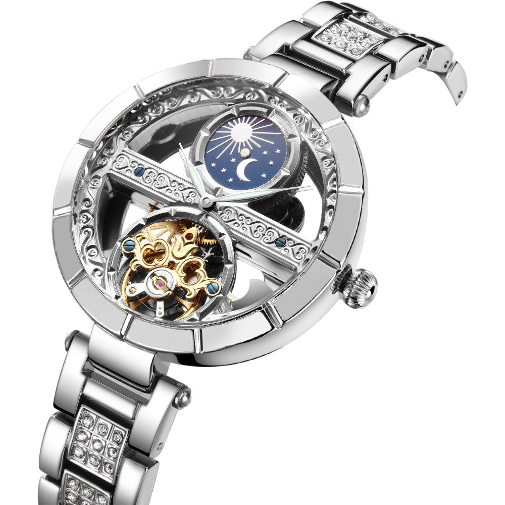 SENORS Women's Luxury Skeleton Automatic Mechanical Watch with Moon Phase & Diamond Bracelet