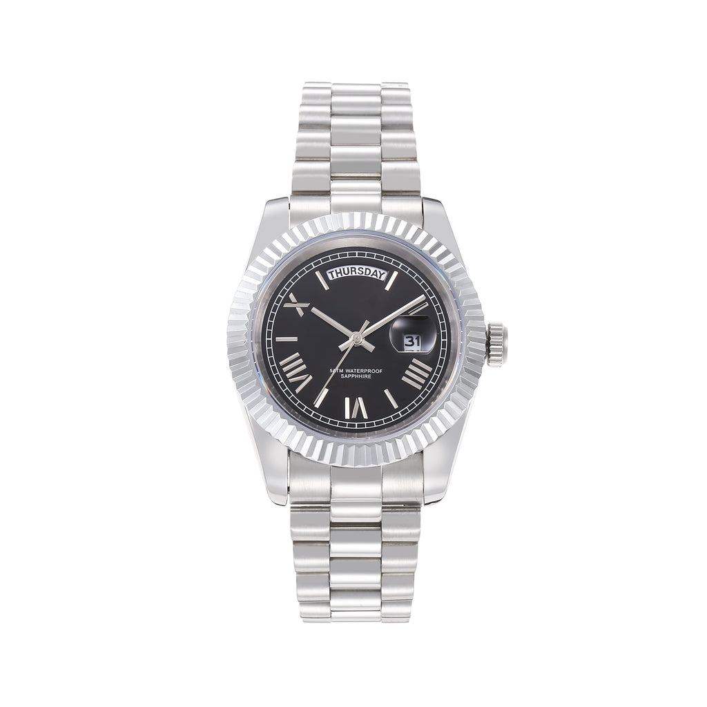 Men’s Silver Day-Date Automatic Watch, 40mm Fluted Bezel Black Roman Numeral Dial, Jubilee Bracelet Luxury Mechanical Wristwatch