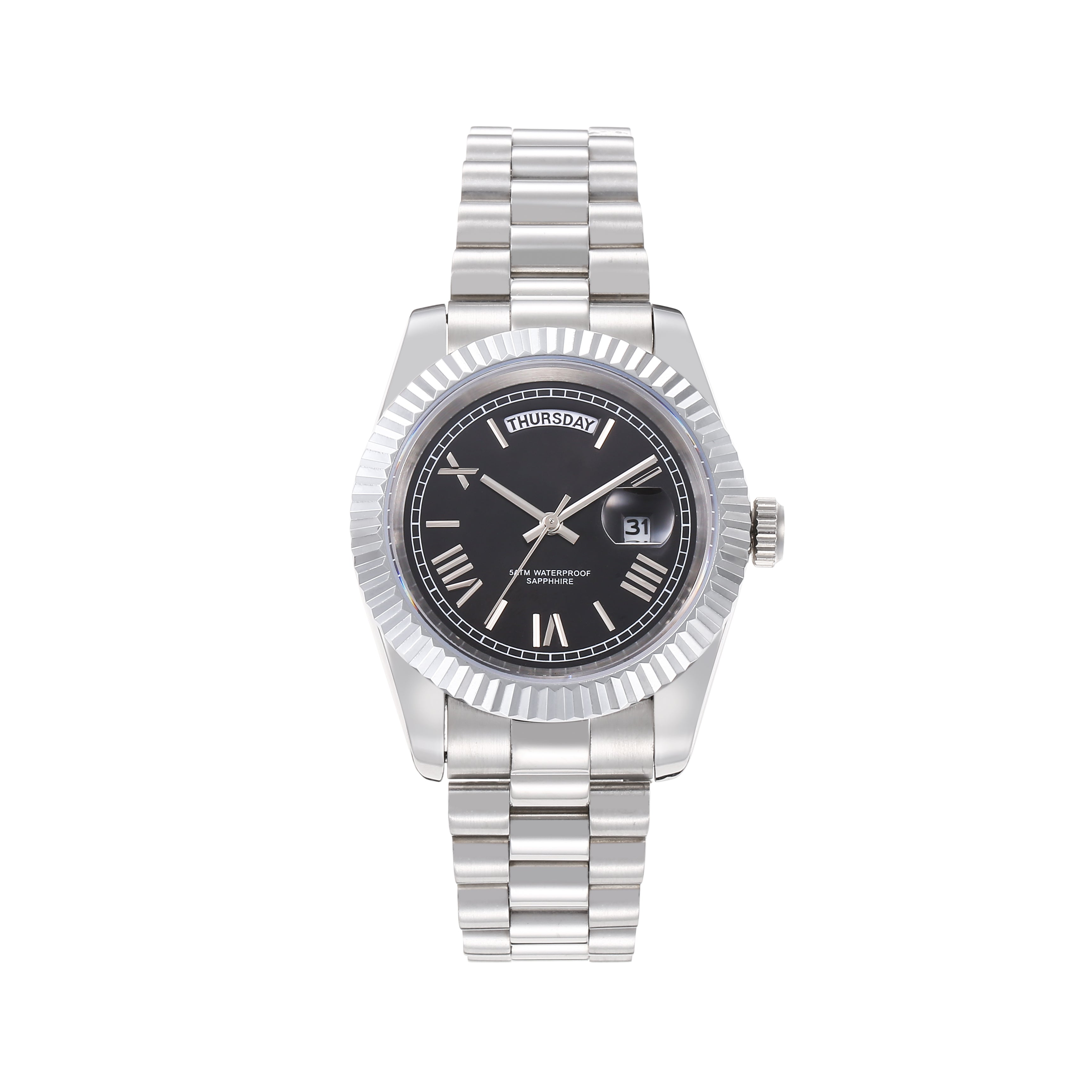 Men’s Silver Day-Date Automatic Watch, 40mm Fluted Bezel Black Roman Numeral Dial, Jubilee Bracelet Luxury Mechanical Wristwatch