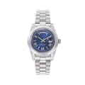 Silver Tone Oyster Perpetual Inspired Watch, Blue Roman Dial, Day & Date Window, Sapphire Crystal Mechanical Watch for Men