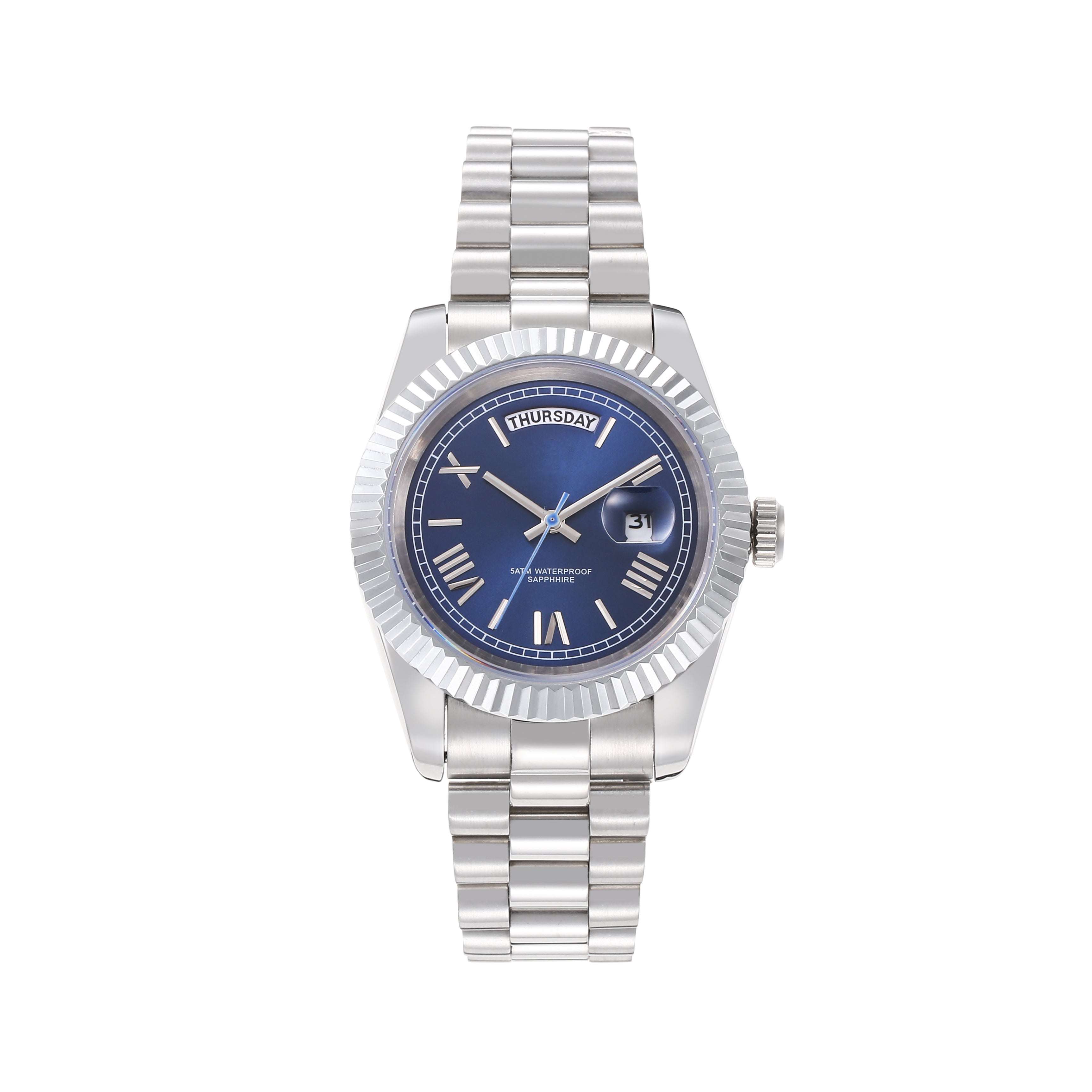 Silver Tone Oyster Perpetual Inspired Watch, Blue Roman Dial, Day & Date Window, Sapphire Crystal Mechanical Watch for Men