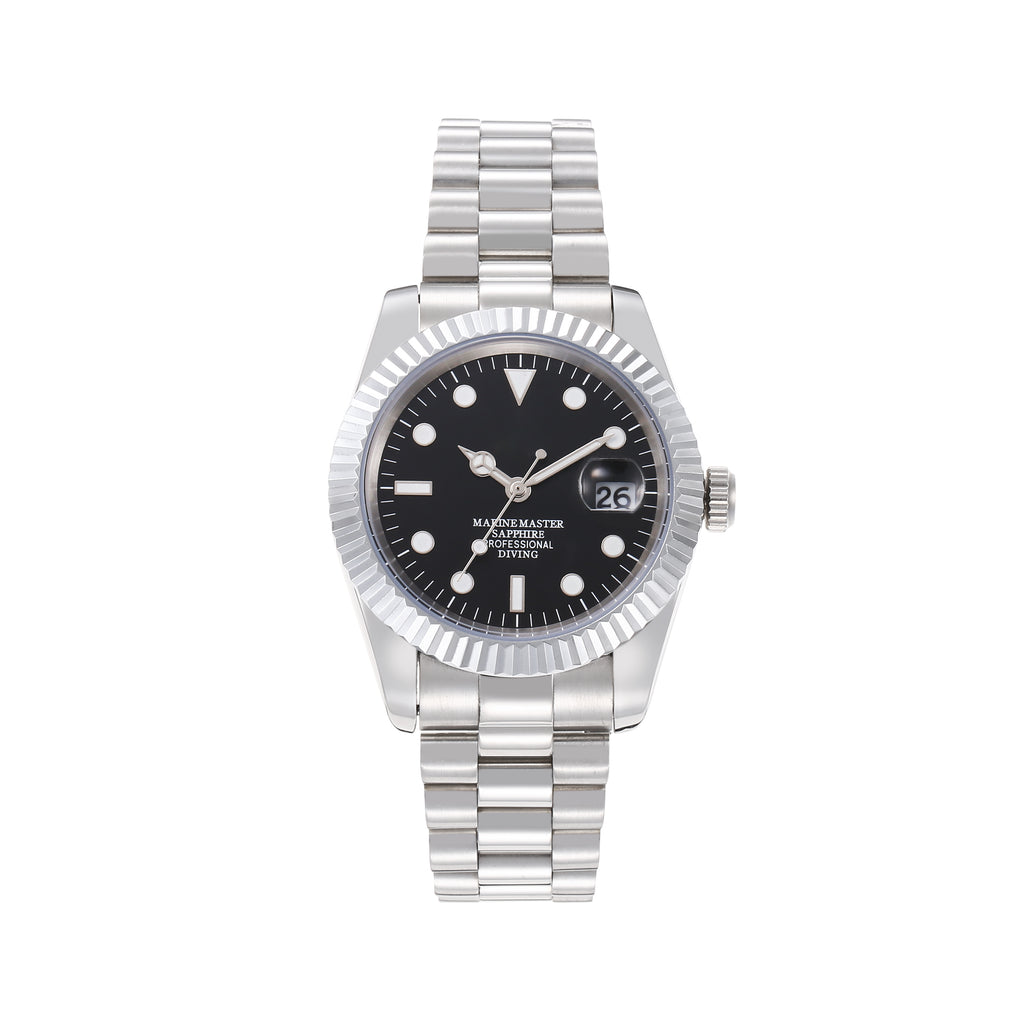 Men’s Silver Marine Master Diver Automatic Watch, 40mm Fluted Bezel Black Dial with Luminous Markers, Sapphire Crystal, Jubilee Bracelet Professional Diving Wristwatch