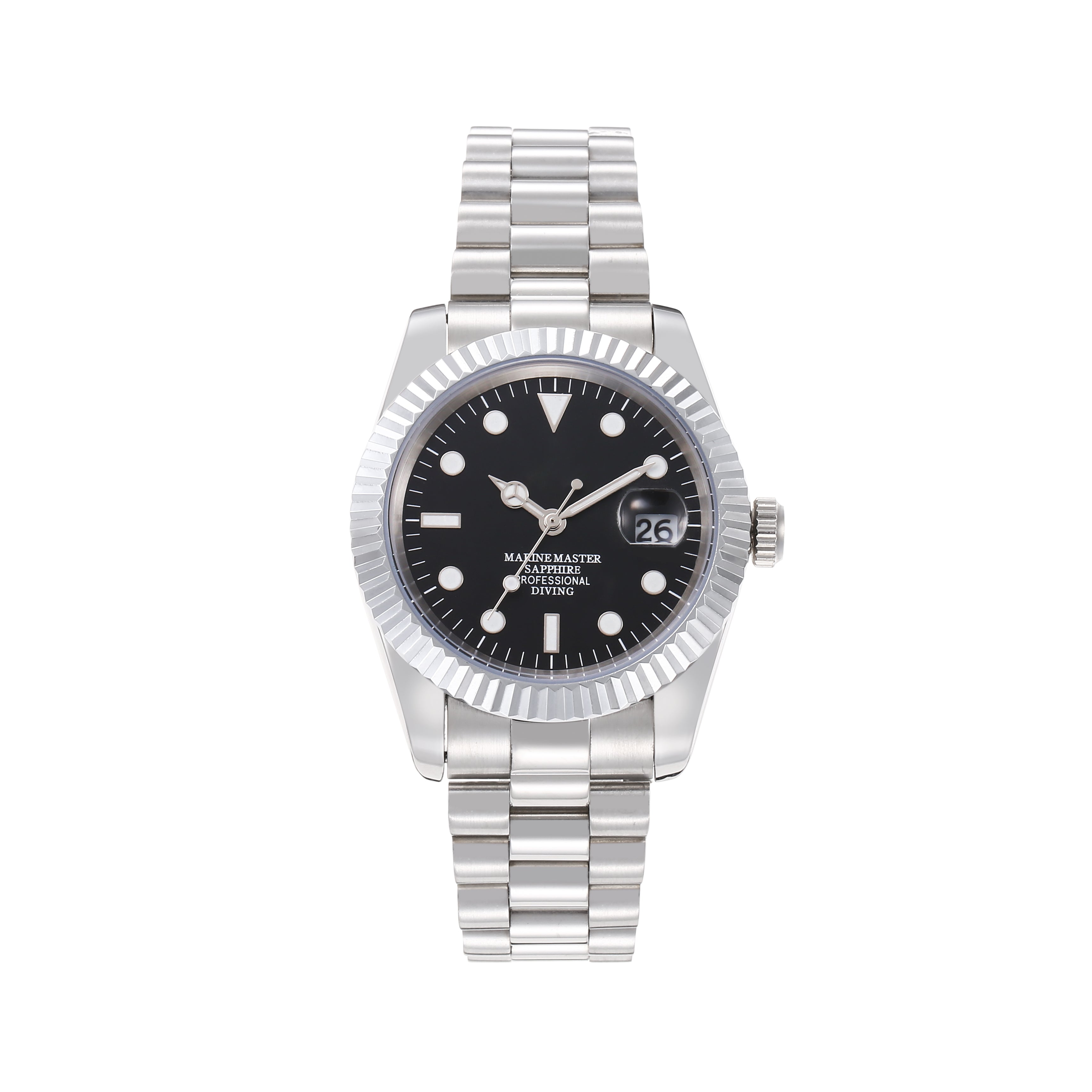 Men’s Silver Marine Master Diver Automatic Watch, 40mm Fluted Bezel Black Dial with Luminous Markers, Sapphire Crystal, Jubilee Bracelet Professional Diving Wristwatch