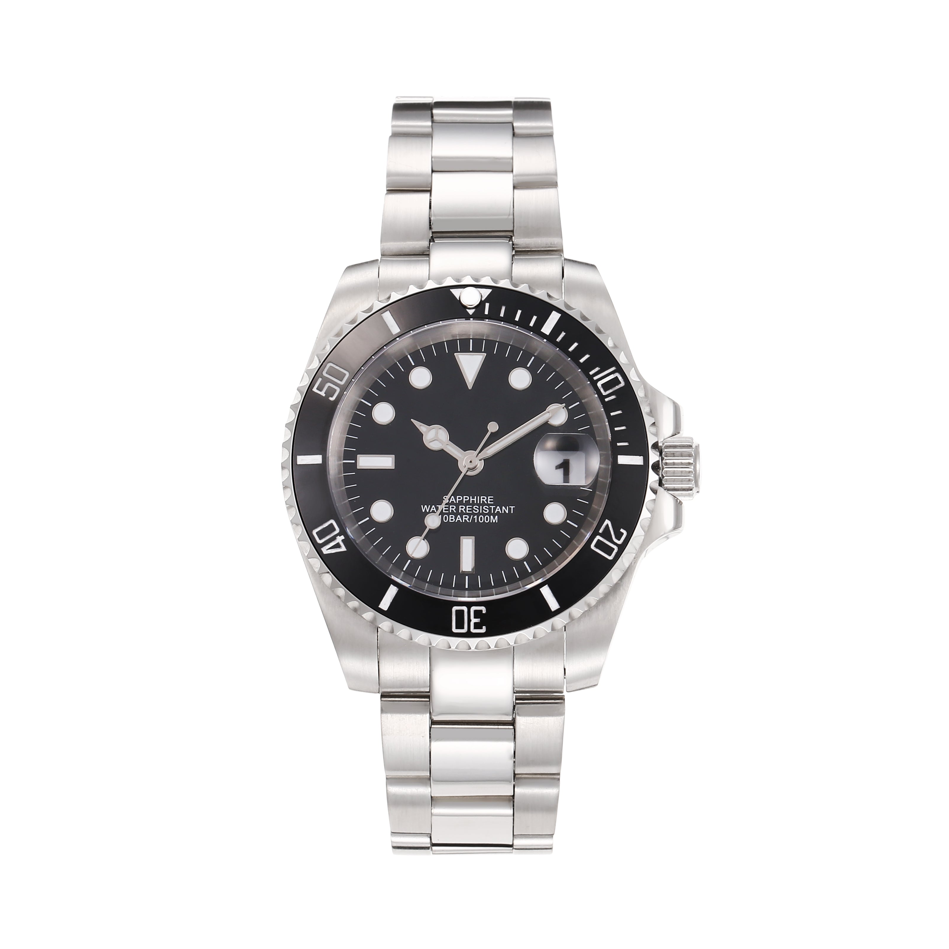 Classic Submariner Style Diver Watch for Men | 50M Water Resistant, Sapphire Glass, Stainless Steel Case & Bracelet, Black Ceramic Bezel, Date Display