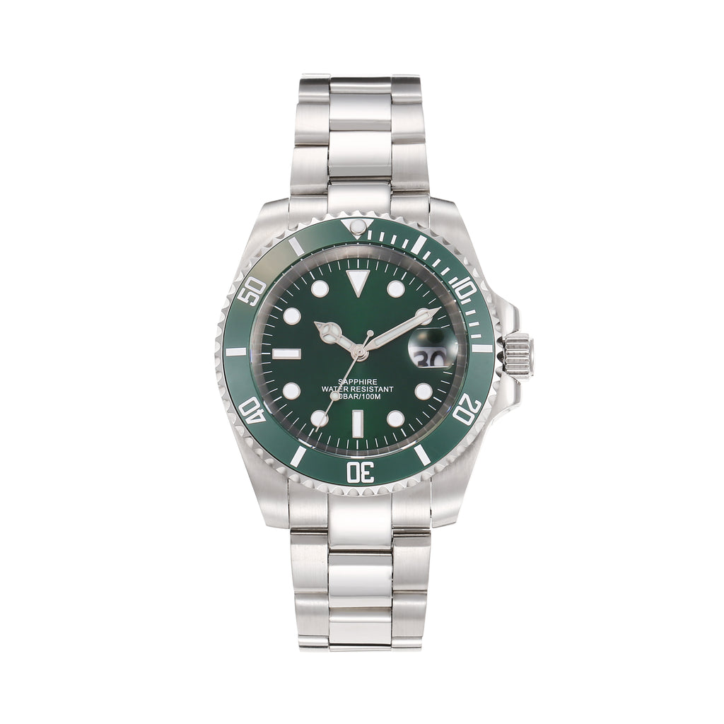 Men's Diver Watch, Green Dial & Bezel, 316L Stainless Steel Bracelet, 50M Water Resistant, Sapphire Crystal, Date Display, Classic Sport Automatic Wristwatch