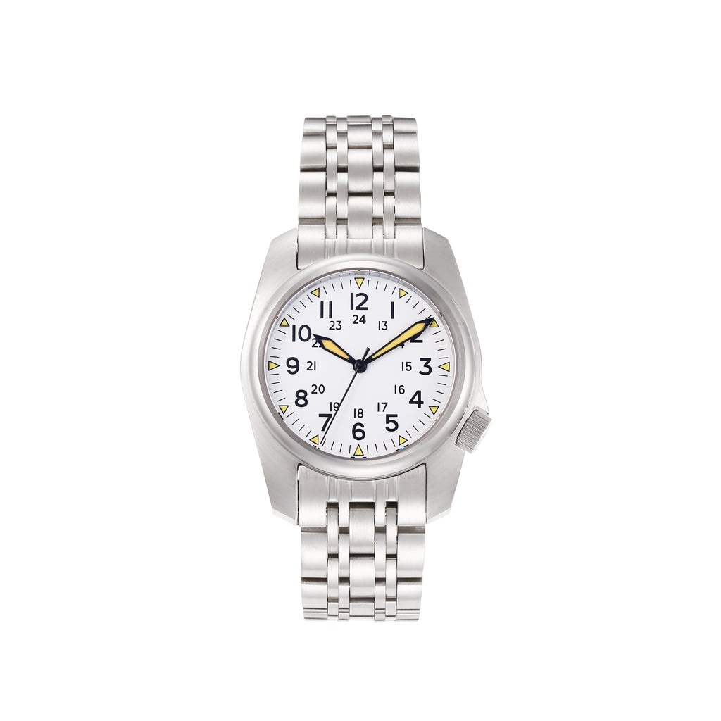 Men's Military Style Pilot Watch, Automatic Mechanical Movement, White Dial with Yellow Luminous Hands, Stainless Steel Case & Bracelet, Casual Dress Watch
