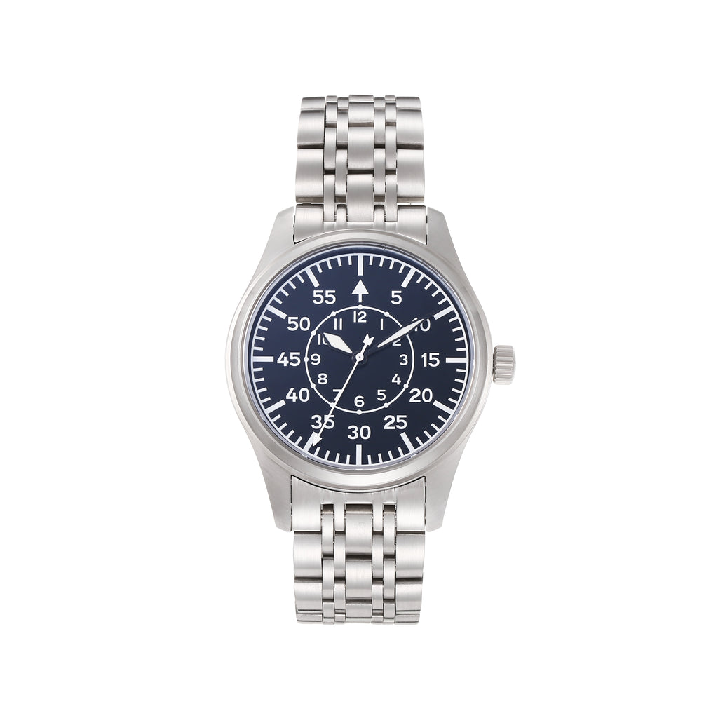Classic Flieger Pilot Quartz Watch for Men, Precise Quartz Movement, Black Dial, Stainless Steel Case & Bracelet, Casual Dress Military Watch