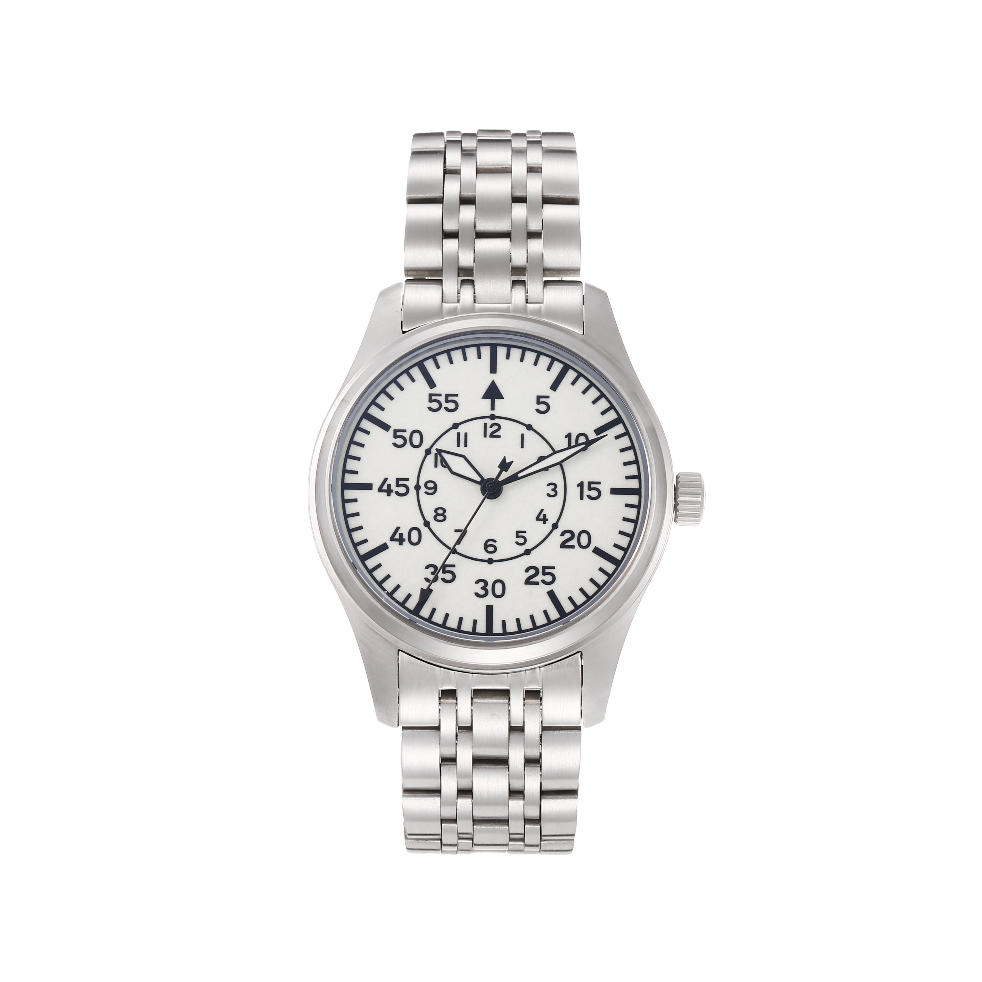 Men’s 39mm Pilot Quartz Watch, White Dial with 60-Minute Scale, 316L Stainless Steel Bracelet, Luminous Hands, 100M Waterproof Military Aviator Wrist Watch