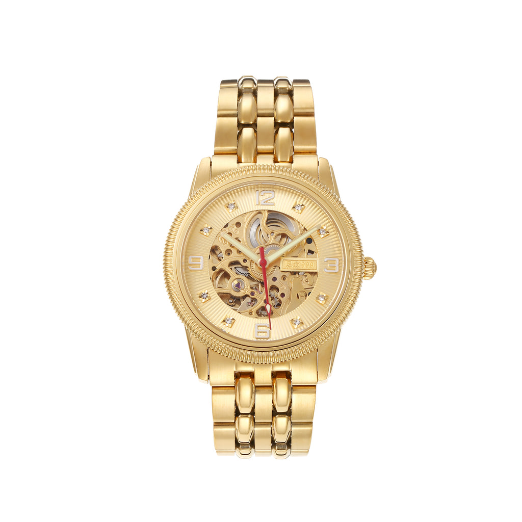 Men's Gold-Tone Skeleton Automatic Watch, 40mm Open Work Dial with Diamond Accents, 316L Stainless Steel Bracelet, Luxury Mechanical Dress Watch
