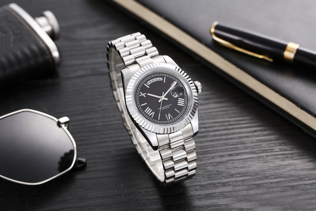 Men’s Silver Day-Date Automatic Watch, 40mm Fluted Bezel Black Roman Numeral Dial, Jubilee Bracelet Luxury Mechanical Wristwatch
