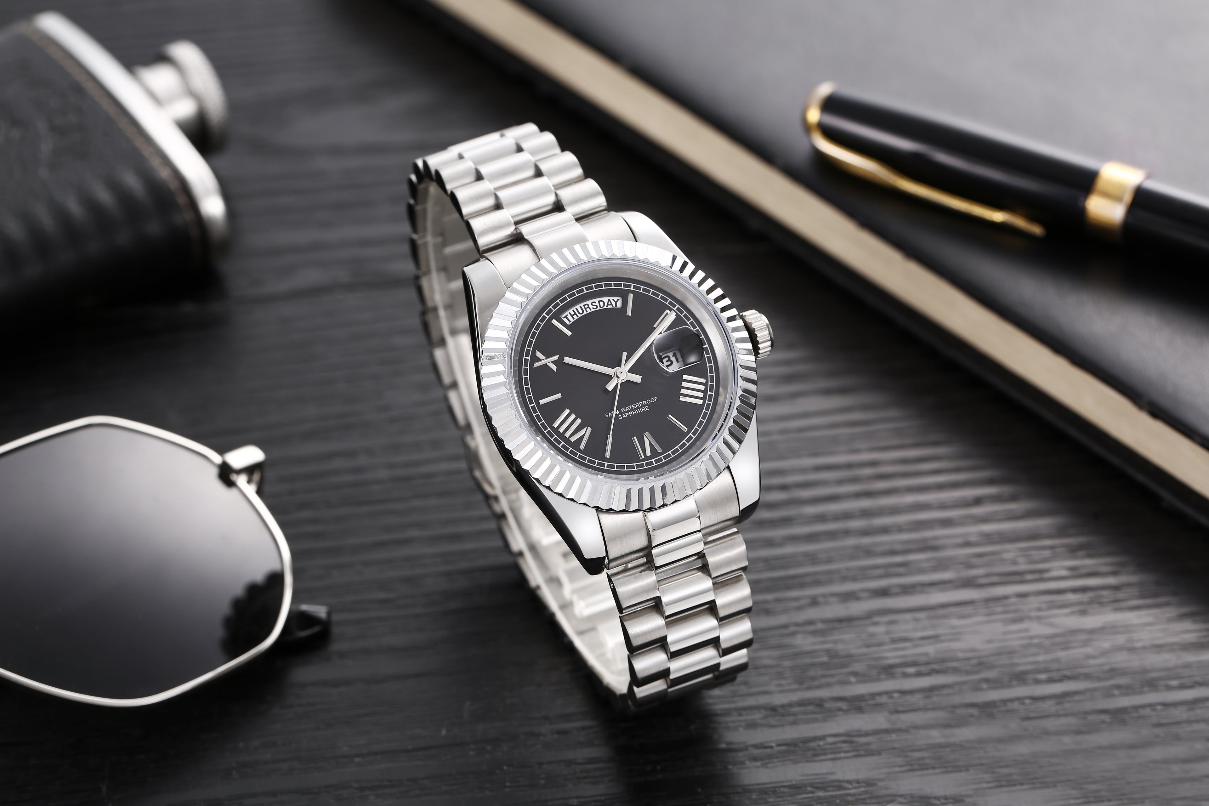 Men’s Silver Day-Date Automatic Watch, 40mm Fluted Bezel Black Roman Numeral Dial, Jubilee Bracelet Luxury Mechanical Wristwatch