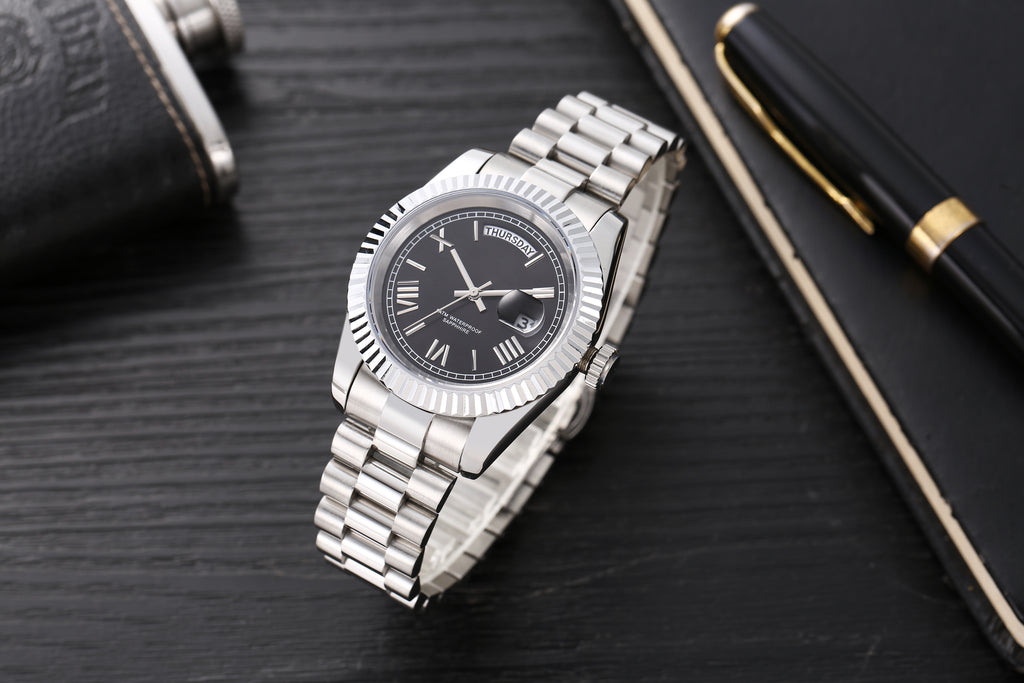 Men’s Silver Day-Date Automatic Watch, 40mm Fluted Bezel Black Roman Numeral Dial, Jubilee Bracelet Luxury Mechanical Wristwatch