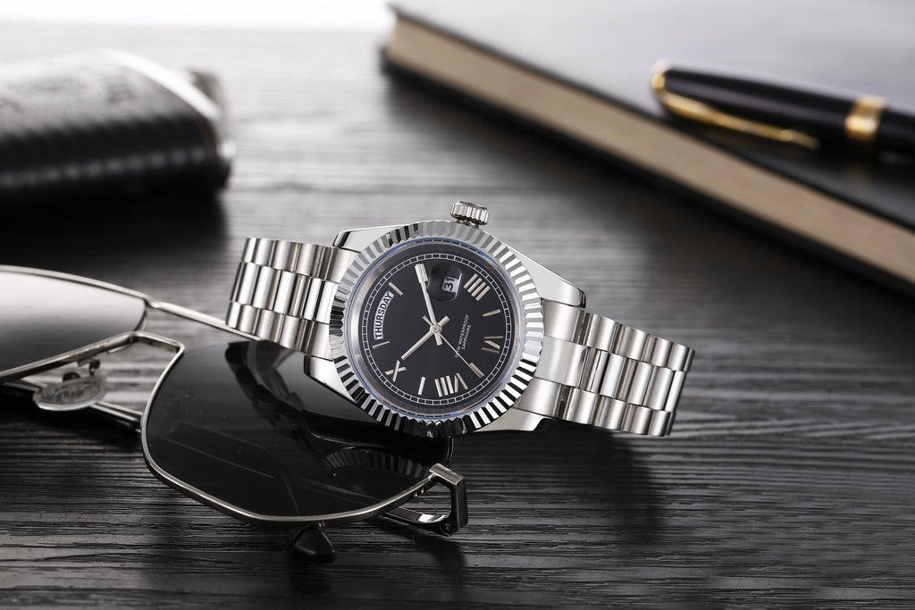 Men’s Silver Day-Date Automatic Watch, 40mm Fluted Bezel Black Roman Numeral Dial, Jubilee Bracelet Luxury Mechanical Wristwatch