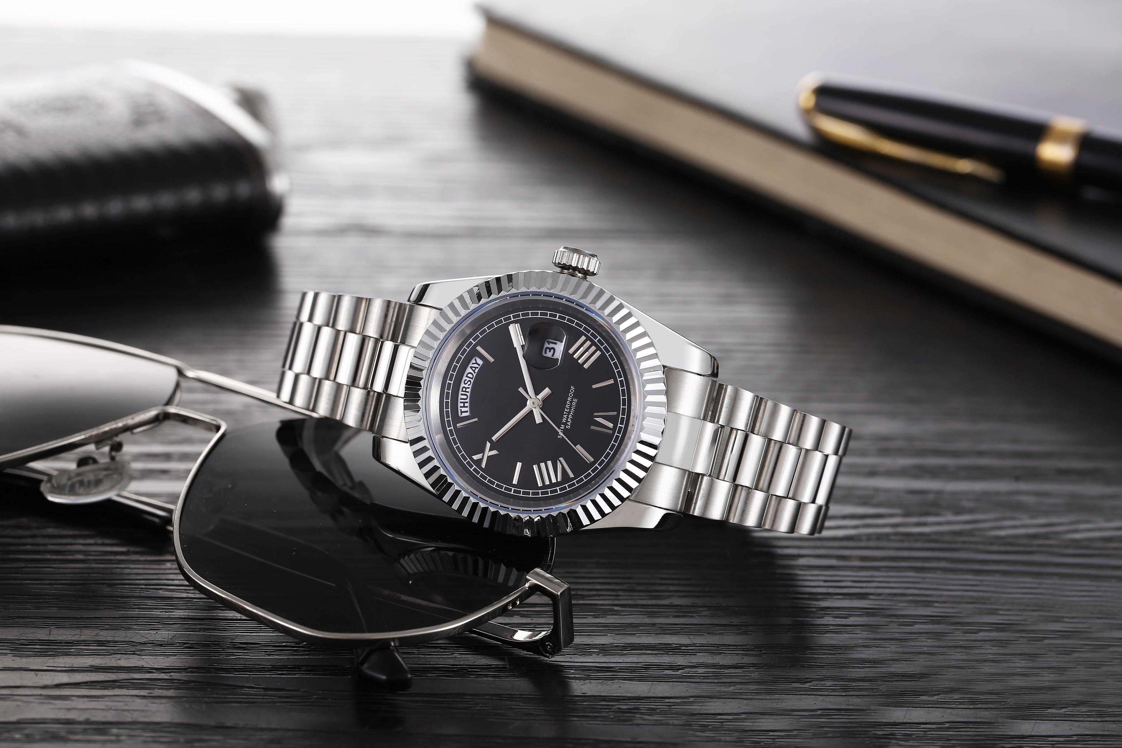 Men’s Silver Day-Date Automatic Watch, 40mm Fluted Bezel Black Roman Numeral Dial, Jubilee Bracelet Luxury Mechanical Wristwatch