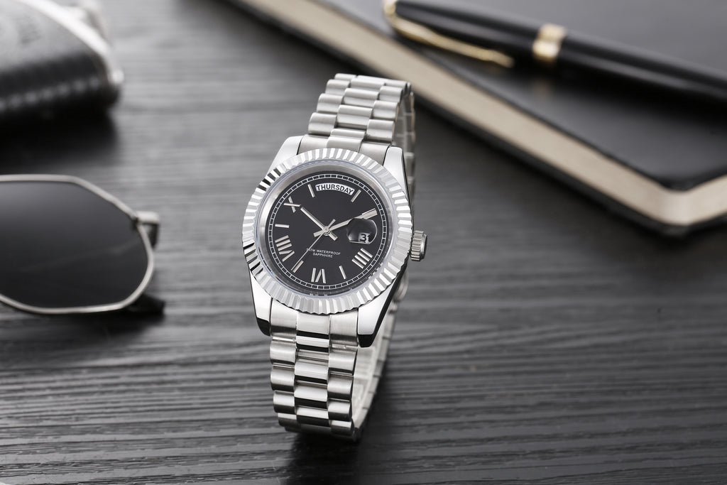 Men’s Silver Day-Date Automatic Watch, 40mm Fluted Bezel Black Roman Numeral Dial, Jubilee Bracelet Luxury Mechanical Wristwatch