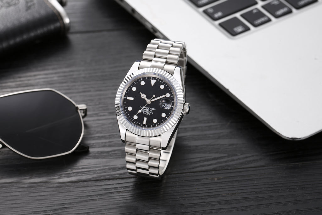 Men’s Silver Marine Master Diver Automatic Watch, 40mm Fluted Bezel Black Dial with Luminous Markers, Sapphire Crystal, Jubilee Bracelet Professional Diving Wristwatch