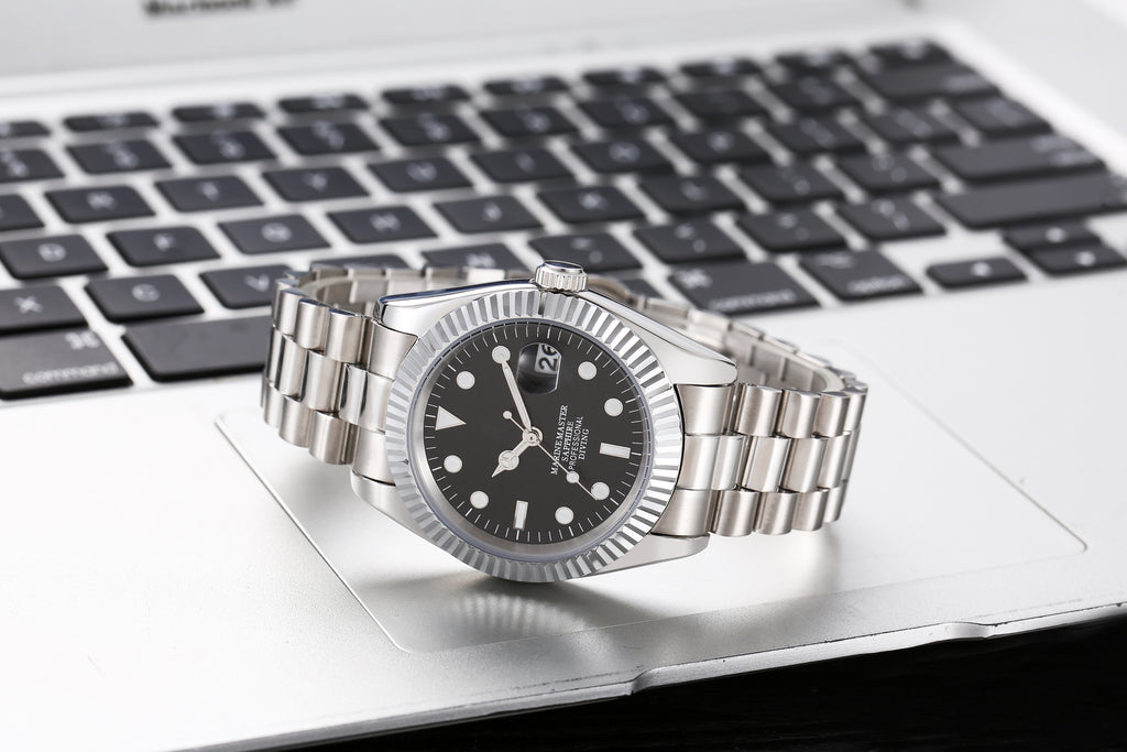 Men’s Silver Marine Master Diver Automatic Watch, 40mm Fluted Bezel Black Dial with Luminous Markers, Sapphire Crystal, Jubilee Bracelet Professional Diving Wristwatch