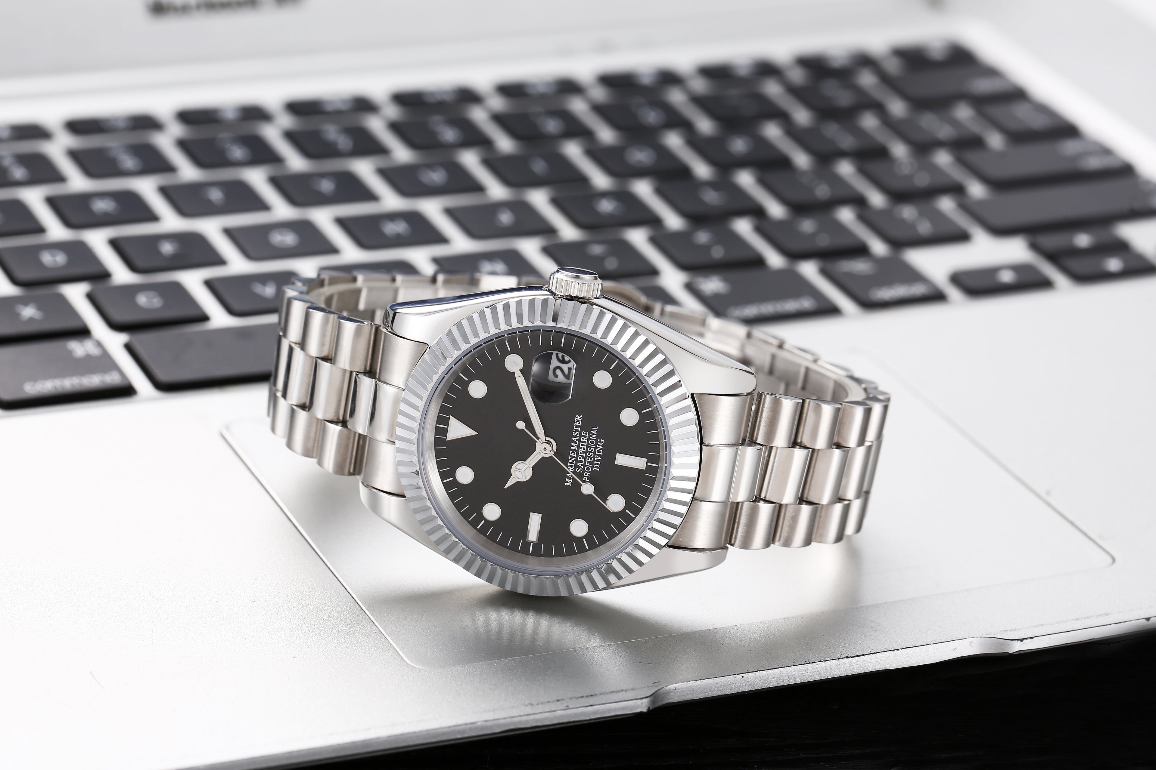 Men’s Silver Marine Master Diver Automatic Watch, 40mm Fluted Bezel Black Dial with Luminous Markers, Sapphire Crystal, Jubilee Bracelet Professional Diving Wristwatch