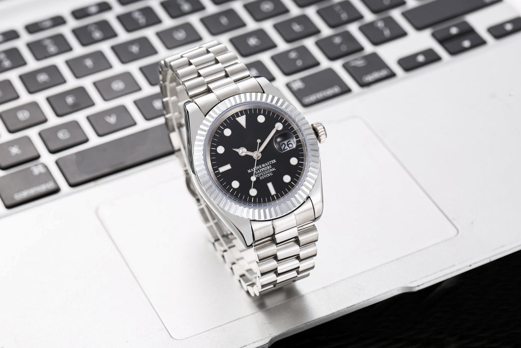 Men’s Silver Marine Master Diver Automatic Watch, 40mm Fluted Bezel Black Dial with Luminous Markers, Sapphire Crystal, Jubilee Bracelet Professional Diving Wristwatch