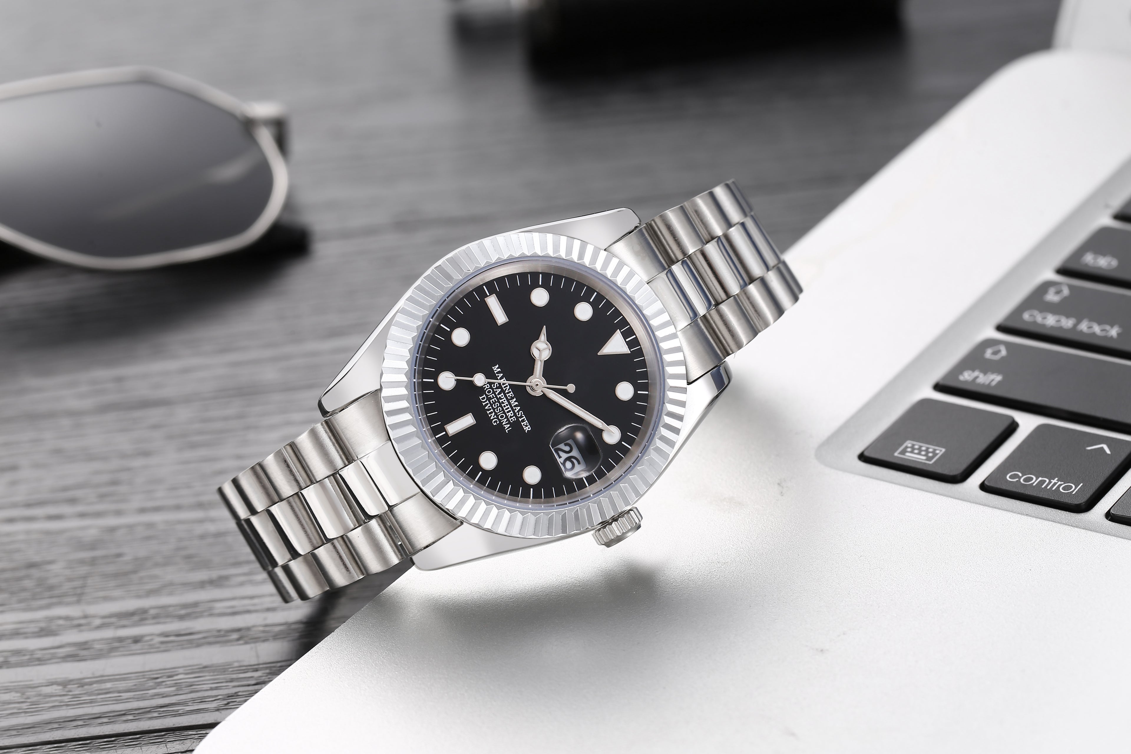 Men’s Silver Marine Master Diver Automatic Watch, 40mm Fluted Bezel Black Dial with Luminous Markers, Sapphire Crystal, Jubilee Bracelet Professional Diving Wristwatch