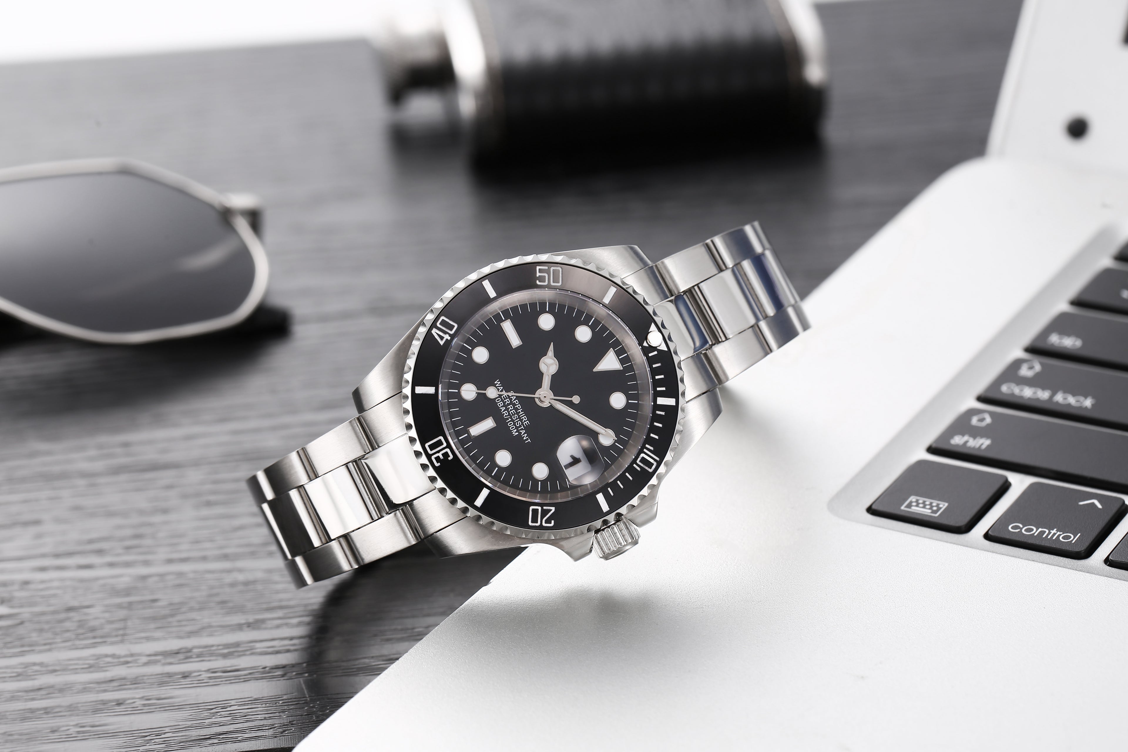 Classic Submariner Style Diver Watch for Men | 50M Water Resistant, Sapphire Glass, Stainless Steel Case & Bracelet, Black Ceramic Bezel, Date Display
